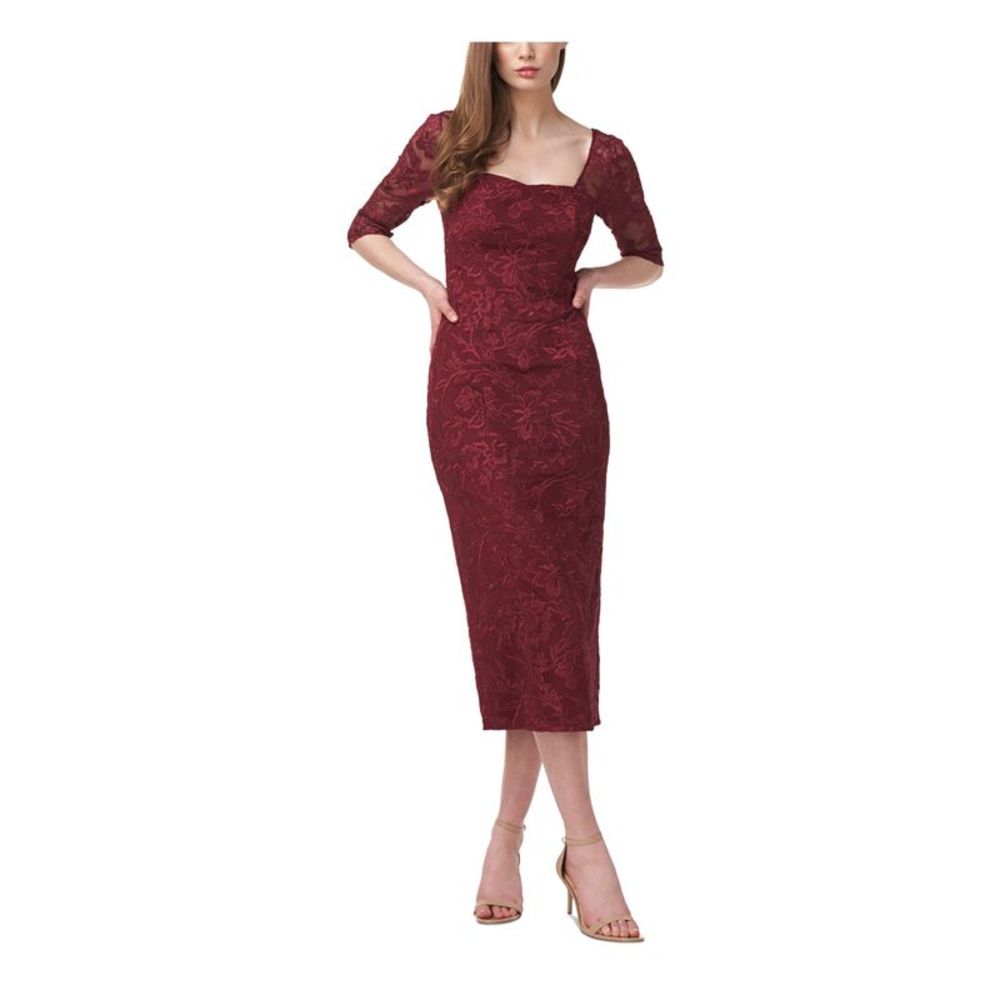 JS COLLECTION Womens Burgundy Mesh 3/4 Sleeve Midi Cocktail Sheath Dress 4
